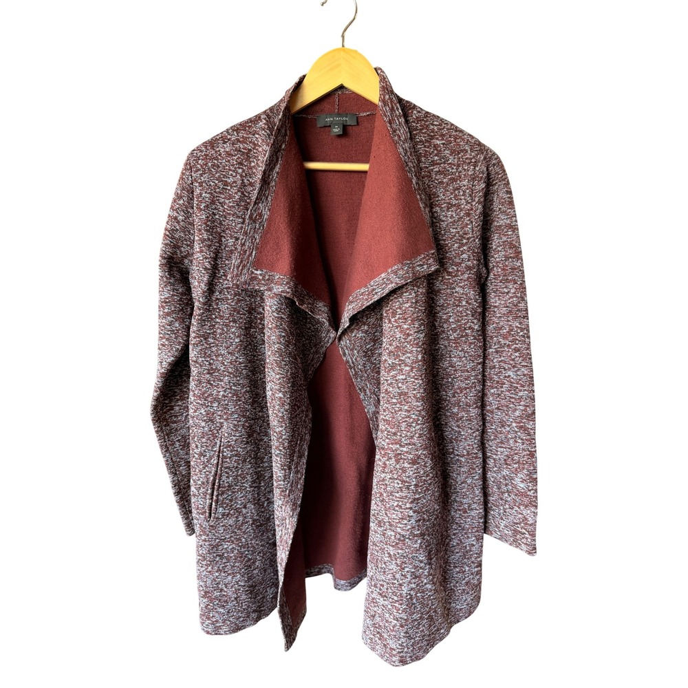 Ann Taylor XS Marled Burgundy Open Front Cardigan Sweater Pockets‎